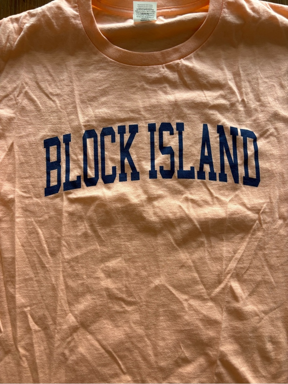 Hanes Peach Short Sleeve Tee with Navy "Block Island" Print - Picture 2 of 3